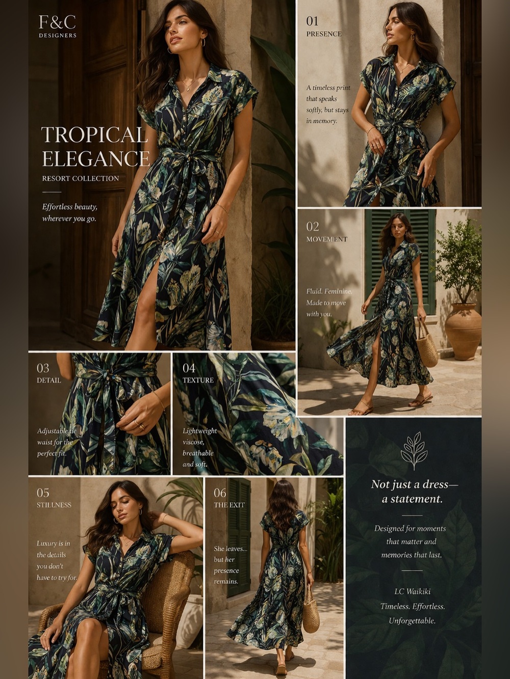 LC Waikiki Tropical Botanical Midi Dress Belted EU 40